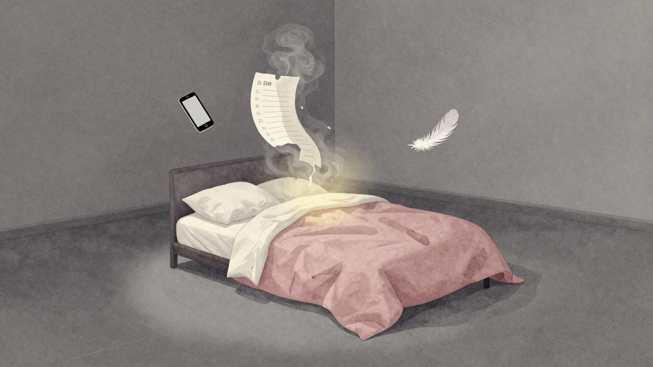 An empty bed as an island of calm, with floating symbols of release and peace in soft watercolor tones.