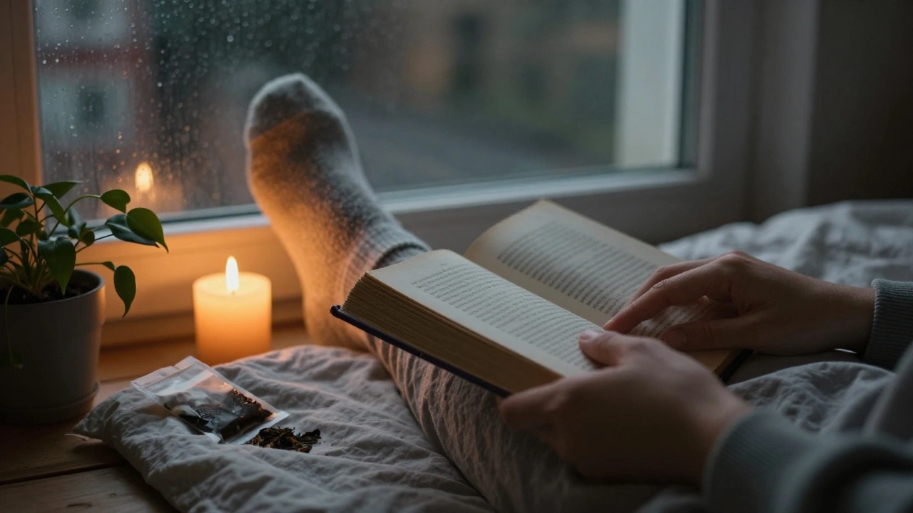 Hand holding a book on a messy bed, candlelight glowing, fuzzy socks and tea leaves nearby.